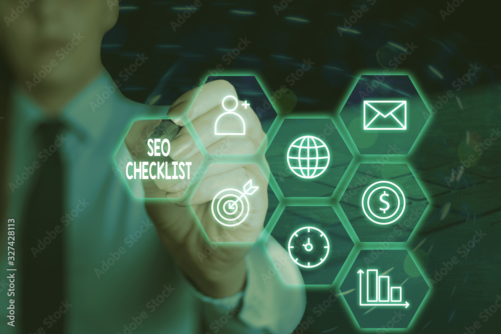 Poster conceptual hand writing showing seo checklist. concept meaning list of items required to optimize th