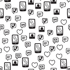 Smart phone, hearts, love SMS and communications seamless pattern. Hand drawn interaction icons randomly placed on white background. Wrapping or web repeating texture. Vector eps8 illustration.