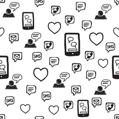 Smart phone, hearts, love SMS and communications seamless pattern. Hand drawn interaction icons randomly placed on white background. Wrapping or web repeating texture. Vector eps8 illustration.