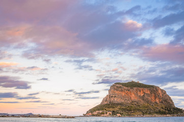 View of Monemvasia during a beautiful  sunset in Laconia Peloponnese Greece
