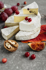 Cheese selection on concrete grey background. Cheese platter with camembert, grapes, nuts.