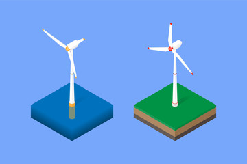 Wind turbine onshore and offshore. Vector isometric illustration