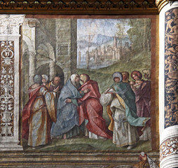 Fototapeta na wymiar la visitazione; affresco nella navata del Duomo di Cremona