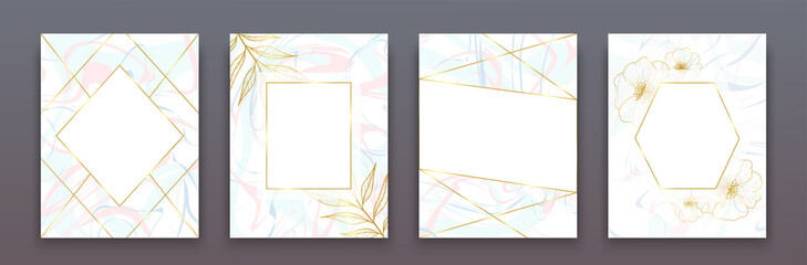 Set of greeting card templates as wedding, bithday party or social event flyer. Greeting card with soft light pink, blue and light grey marble texture and geometric golden frames.