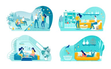 Pastime Activities at Home Flat Illustrations Set