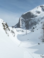 beautiful skitouring mountain terrain in winter landscape tennengebirge in austrian alps