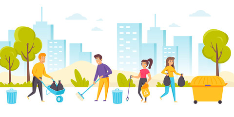 Happy men and women cleaning up city street. Group of young ecologists, volunteers or eco activists picking up and disposing garbage in park. Community service work. Flat cartoon vector illustration.