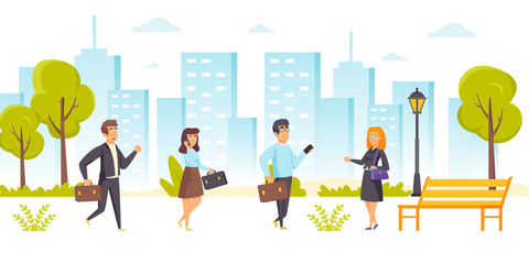 Busy office workers, managers or clerks with briefcases walking along street. Businessmen and businesswomen hurry to work. Business people meet each other in park. Flat cartoon vector illustration.