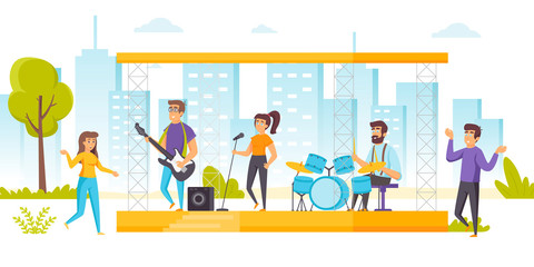 Happy people enjoying music at open air concert, summer musical performance. Musicians and singers performing on outdoor stage and fans or audience dancing around. Flat cartoon vector illustration.