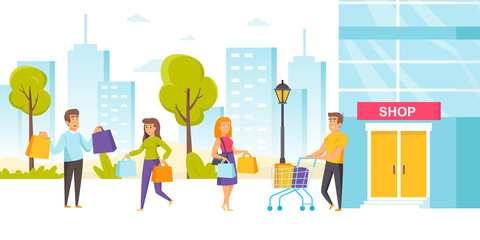 Shopaholics or consumers with shopping bags and carts outside of outlet shop, store, supermarket building. Customers or buyers with purchased sale products on street. Flat cartoon vector illustration.