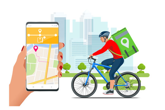 Bicycle courier, Express delivery service. Courier on bicycle with parcel box on the back delivering food In city. Ecological fast delivery. City Food delivery service. Online ordering.