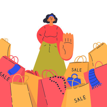 Reasonable consumption concept.Woman say no to shopaholics.Young woman against sales, minimalistic approach to life.Fast fashion.Cartoon character.Colorful vector illustration on wite background.