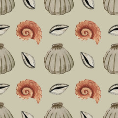 Seamless pattern with sea shells. Hands gouache illustration. Marine pattern, design for wallpaper, fabrics, textiles, packing.