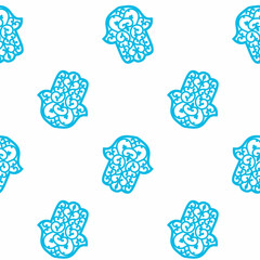 Seamless pattern with hamsa hand. Blue vector hamsa hand drawn symbol.  Decorative pattern in oriental style. Hand of Fatima - amulet, symbol of protection from devil eye