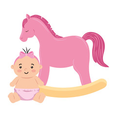cute little baby girl with wooden horse toy vector illustration design