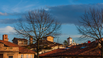 Winter view of Lucca beautiful historic center with medieval towers and belfries