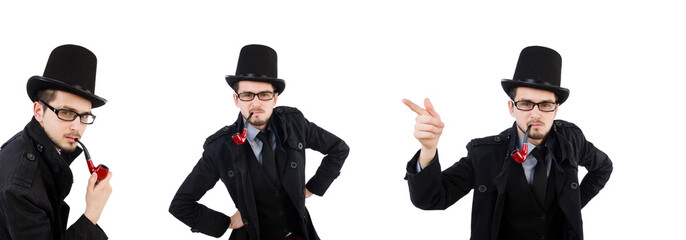 Young detective with smoking pipe isolated on white