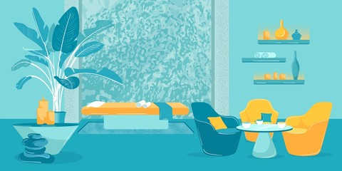 Cozy Interior Spa Procedures Salon, Cartoon Flat.