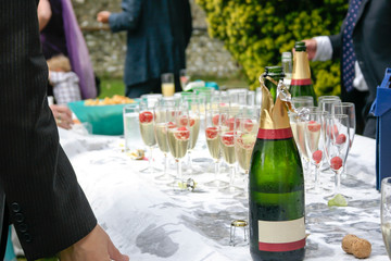 Wedding guests enjoying raspberry bellini champagne cocktails in an outdoor setting