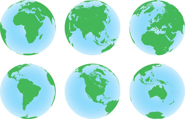 Set of six planet Earth globes with green land map