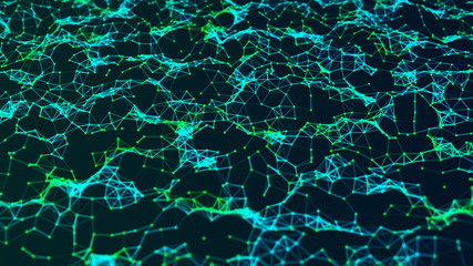 Network of bright connected dots and lines. Abstract dynamic wave of many points. Digital background. 3D rendering.