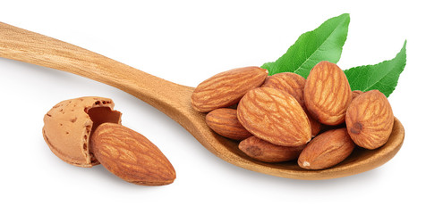 Almonds nuts in wooden spoon isolated on white background with clipping path and full depth of field.