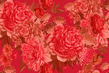 Garden flowers pink peonies and cute birds. Floral seamless pattern.