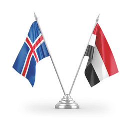 Yemen and Iceland table flags isolated on white 3D rendering