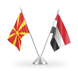 Yemen and North Macedonia table flags isolated on white 3D rendering