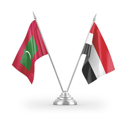 Yemen and Maldives table flags isolated on white 3D rendering