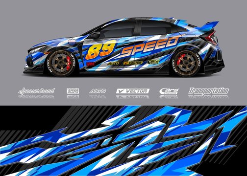Racing car wrap design vector. Graphic abstract stripe racing background kit designs for wrap vehicle, race car, rally, adventure and livery