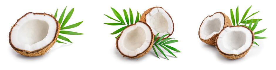 coconut with leaves isolated on white background. Set or collection - obrazy, fototapety, plakaty