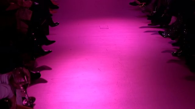 Audience silhouettes waiting for the fashion show in pink lighting. Buyers and viewers socialize and drink champagne before the catwalk during fashion week. Unrecognizable people, legs and shoes only.
