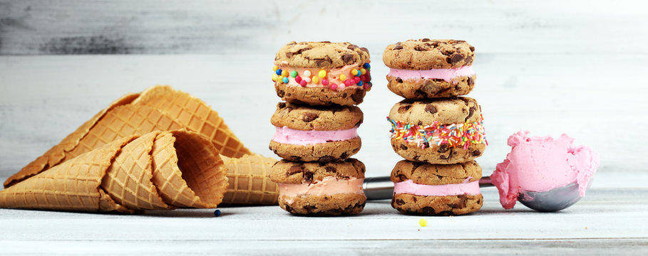 ice cream sandwiches with strawberry and chocolate. Chocolate Chip Cookie Ice Cream Sandwich