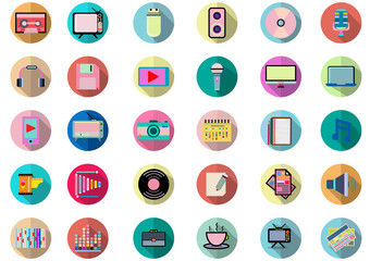 Music and Entertain icons set.Set of 30 icons for sound  such as cup of Coffee,Tv, equalizer,CD,DVD,computer,music note, loudspeaker.Vector voice and melody concept.