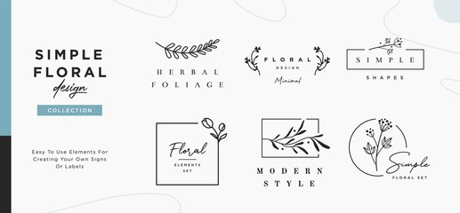 Set of minimalistic elegant geometric floral elements. Premade decorative fashion labels, signs. Vector