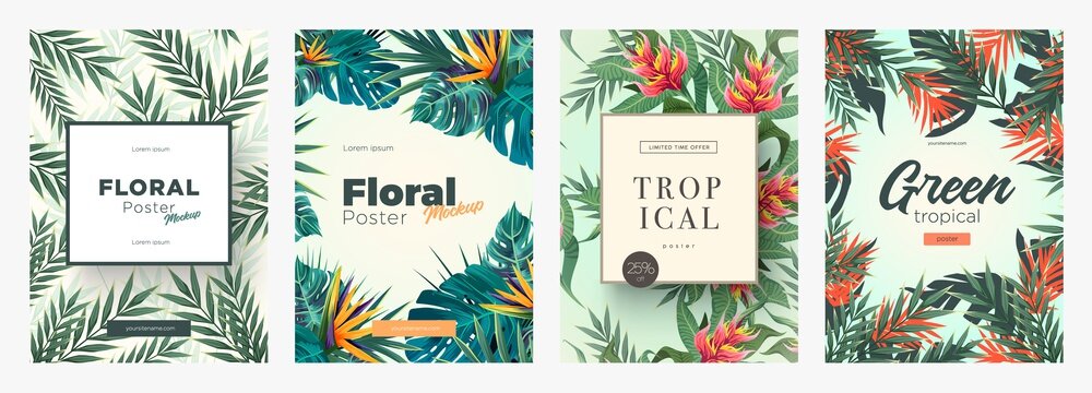 Fototapeta Set of Bright tropical backgrounds with jungle plants. Exotic patterns with tropical leaves