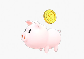 Piggy bank with gold coin on white background. Concept of saving money. 3D rendering