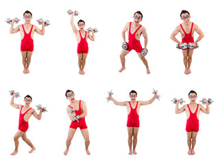 Fototapeta premium Funny guy with dumbbels on white