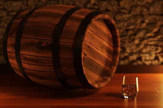 A glass of single malt whisky by an oak barrel in front of stone brick wall. 3D rendering.