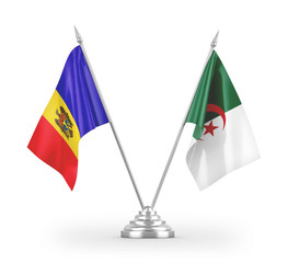 Algeria and Moldova table flags isolated on white 3D rendering