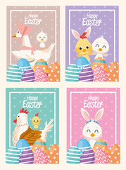 happy easter card with animals and eggs painted scenes