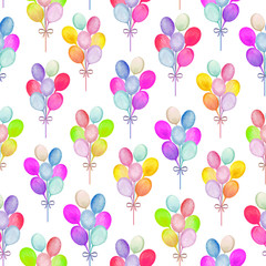 Watercolor pattern of colorful balloons. Illustration for printing, greeting cards, posters, stickers, textile and seasonal design. Isolated on white background