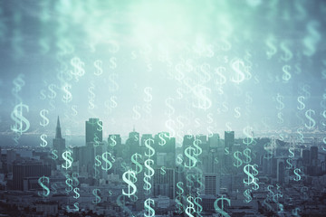 Forex graph on city view with skyscrapers background multi exposure. Financial analysis concept.