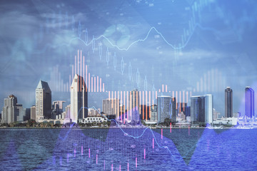 Forex chart on cityscape with skyscrapers wallpaper multi exposure. Financial research concept.