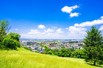 新緑の丘と住宅地