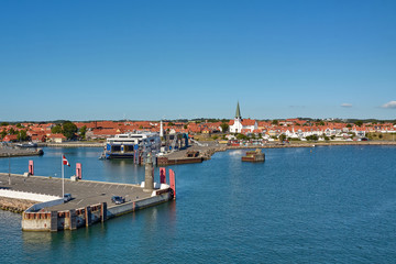 Ronne, Denmark - June 22, 2019. Ferryboat moored in port of Ronne, Bornholm island, Denmark.