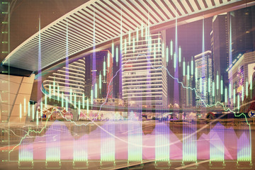 Forex chart on cityscape with tall buildings background multi exposure. Financial research concept.