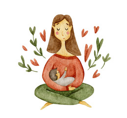 Watercolor girl holding newborn baby