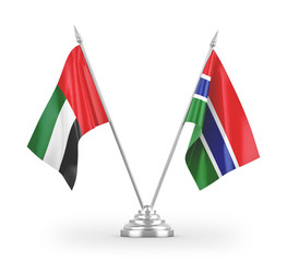 Gambia and United Arab Emirates table flags isolated on white 3D rendering